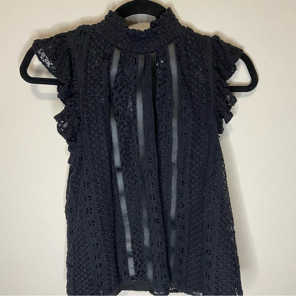 Express Faux Leather & Lace Mock Neck Flutter Sleeve Gramercy Tee